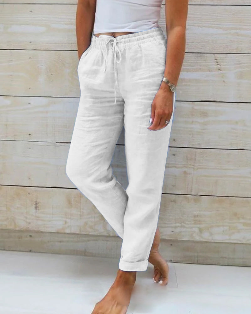 Linnen Pantalon met Elastische Taille en Steekzakken