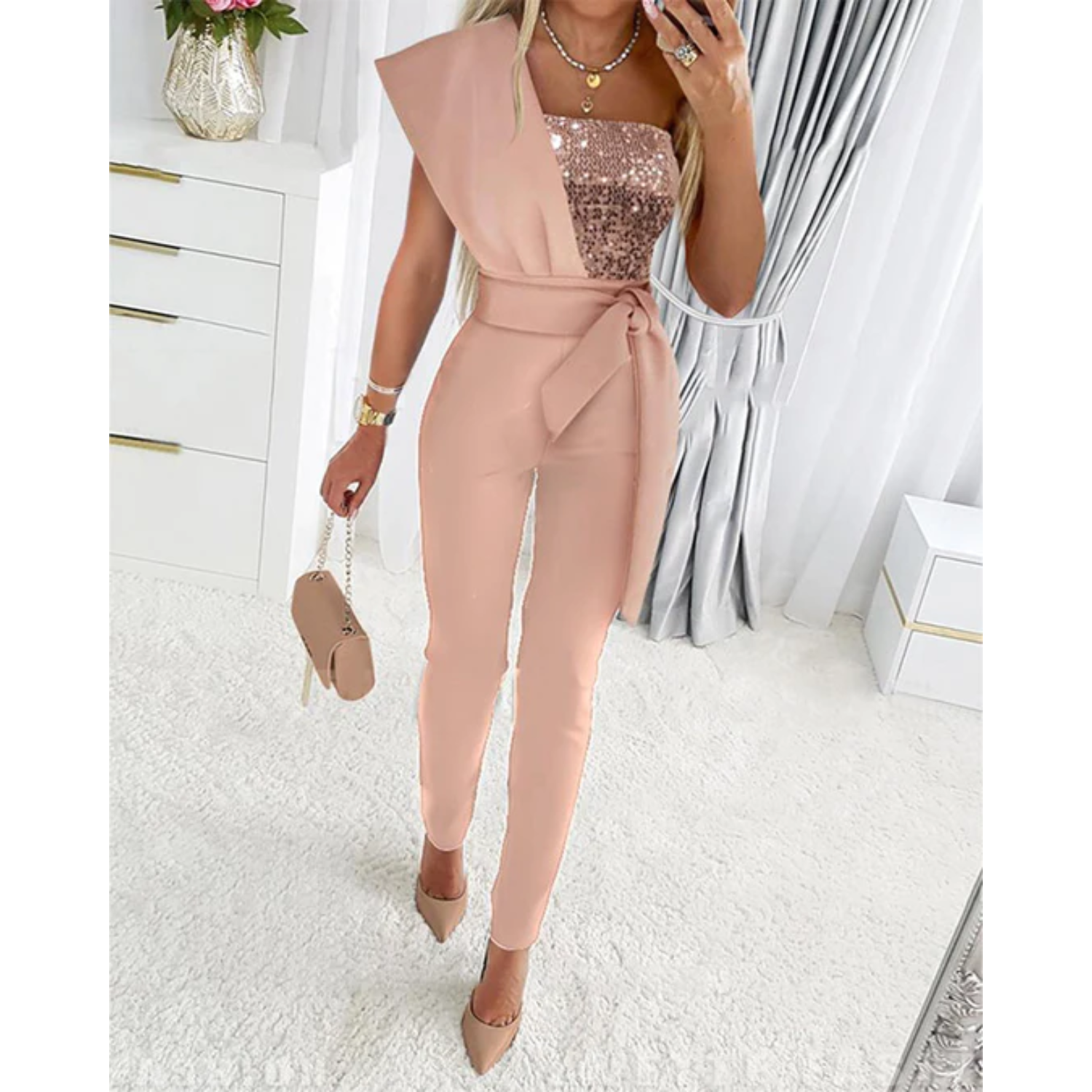 Pailletten Jumpsuit met Tailleband en Asymmetrische Schouder