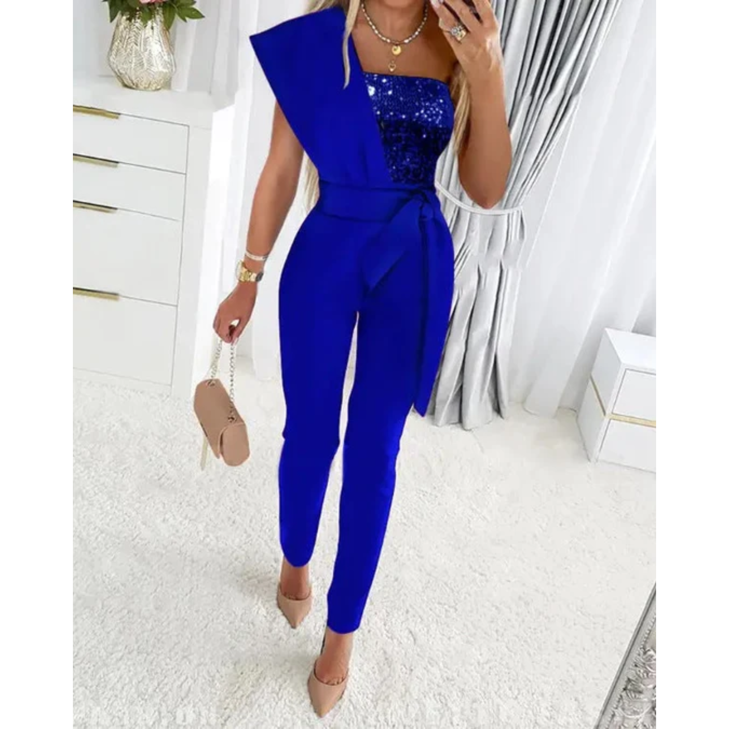 Pailletten Jumpsuit met Tailleband en Asymmetrische Schouder