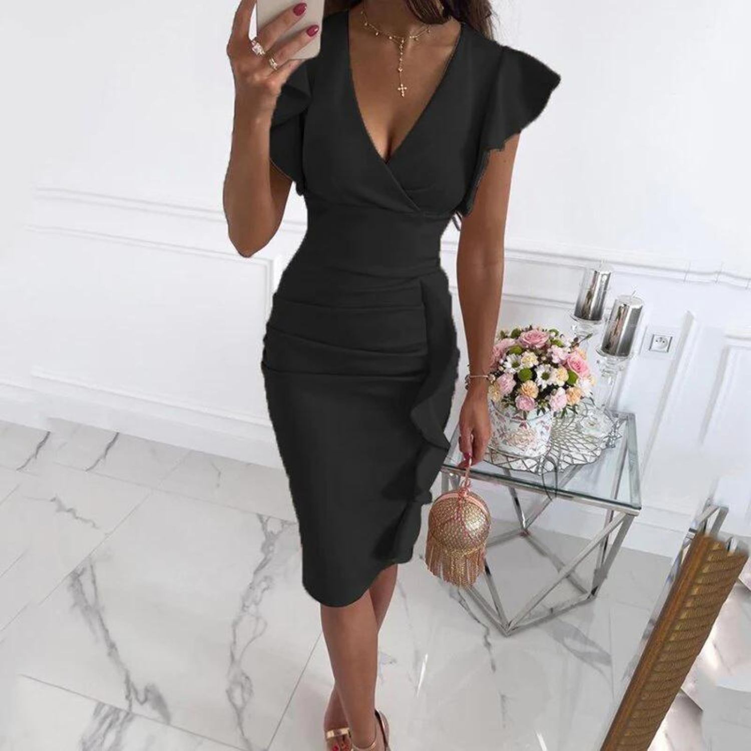 Bodycon Jurk met Ruches en Diepe V-hals