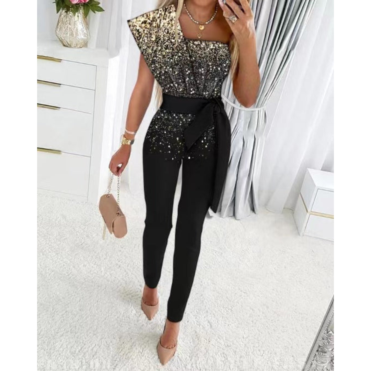 Pailletten Jumpsuit met Tailleband en Asymmetrische Schouder