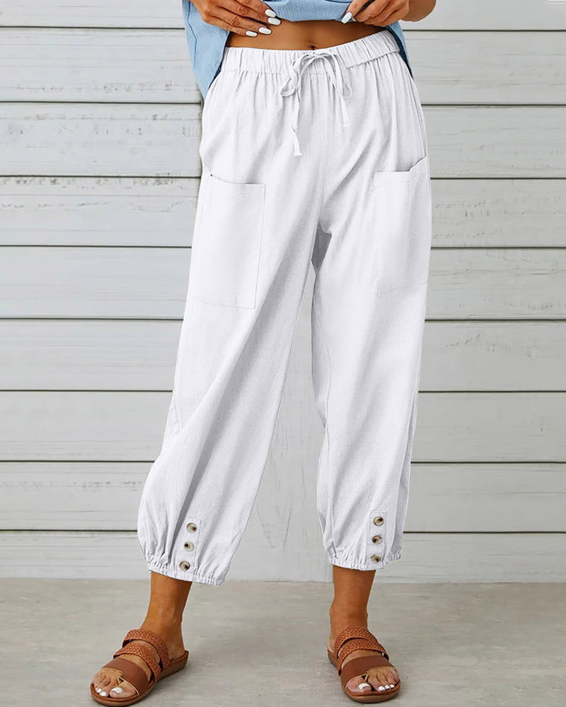 Linnen Broek met Elastische Taille en Knoopdetail
