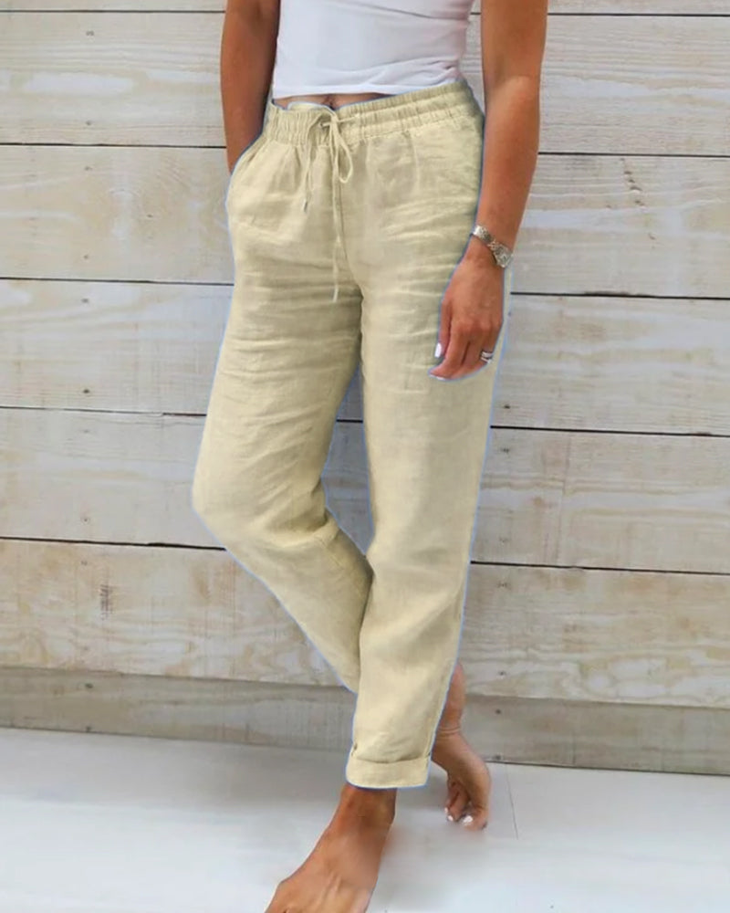 Linnen Pantalon met Elastische Taille en Steekzakken