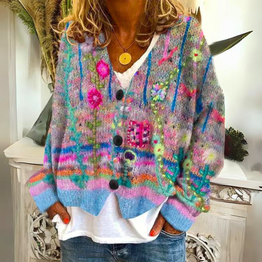 Simone - Stijlvol Gebreid Vintage Bloemen Vest