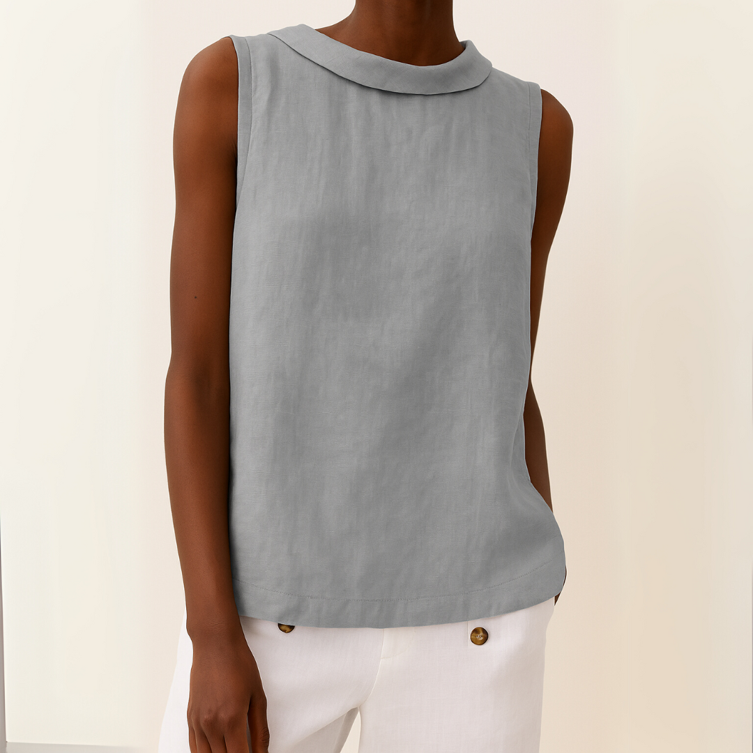 Linnen Look Top met Opstaande Kraag