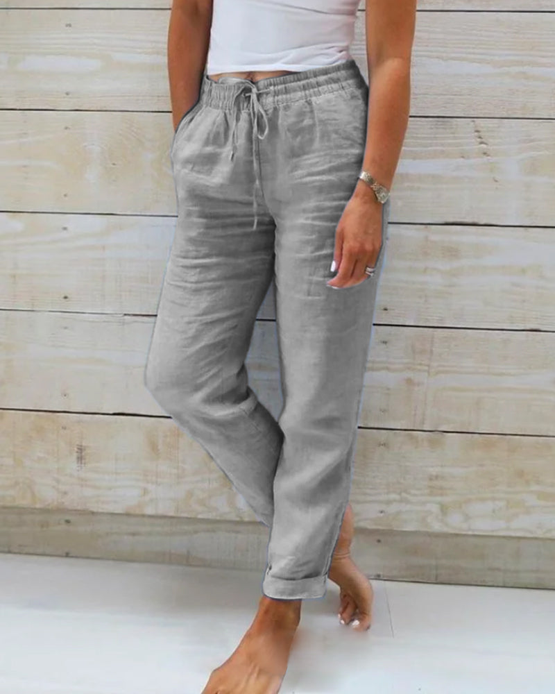 Linnen Pantalon met Elastische Taille en Steekzakken