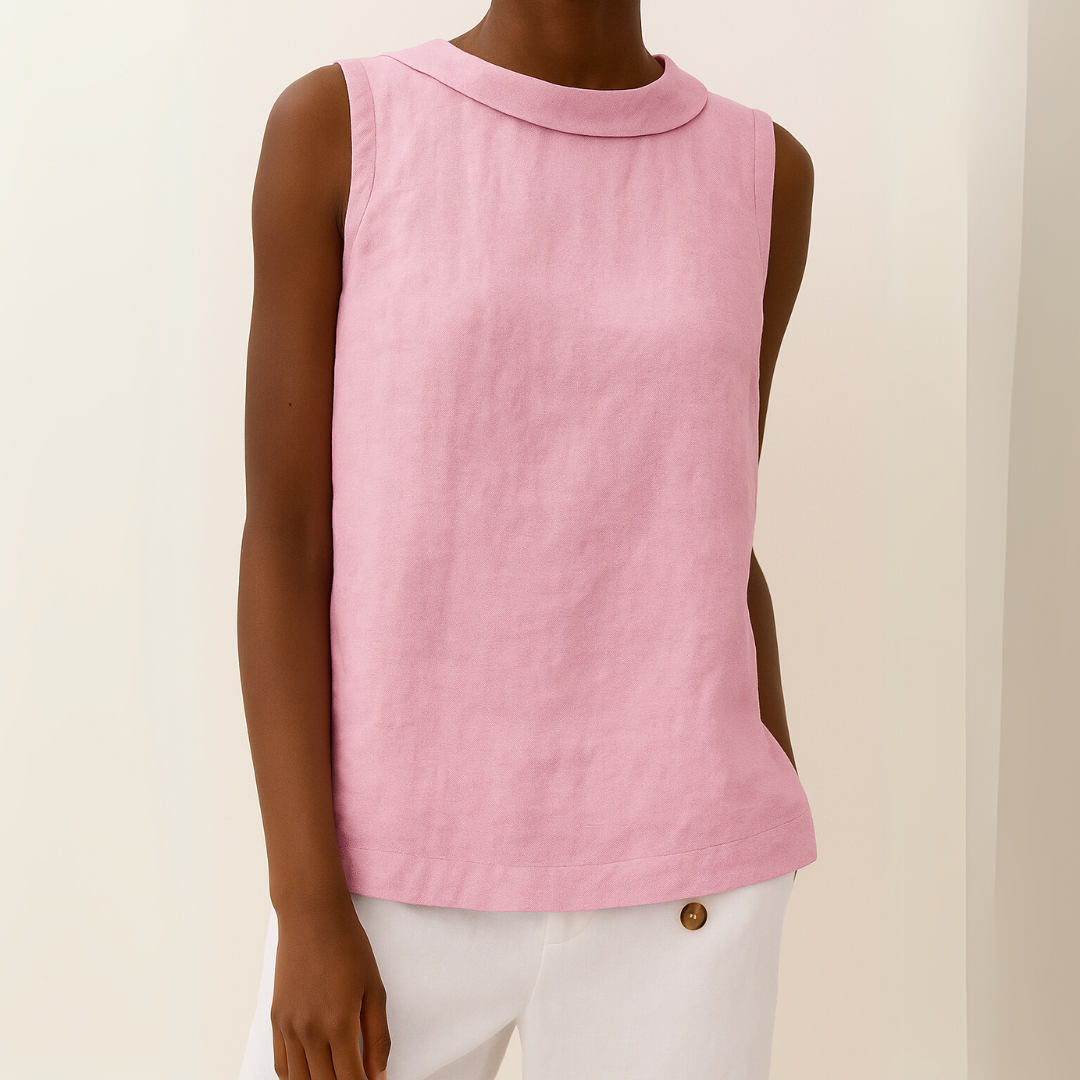 Linnen Look Top met Opstaande Kraag
