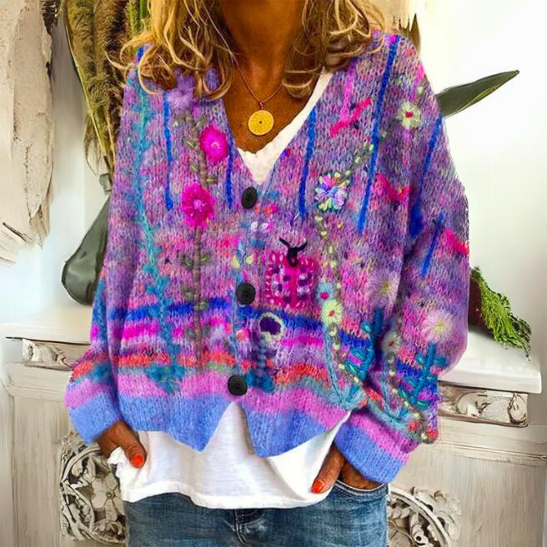 Simone - Stijlvol Gebreid Vintage Bloemen Vest