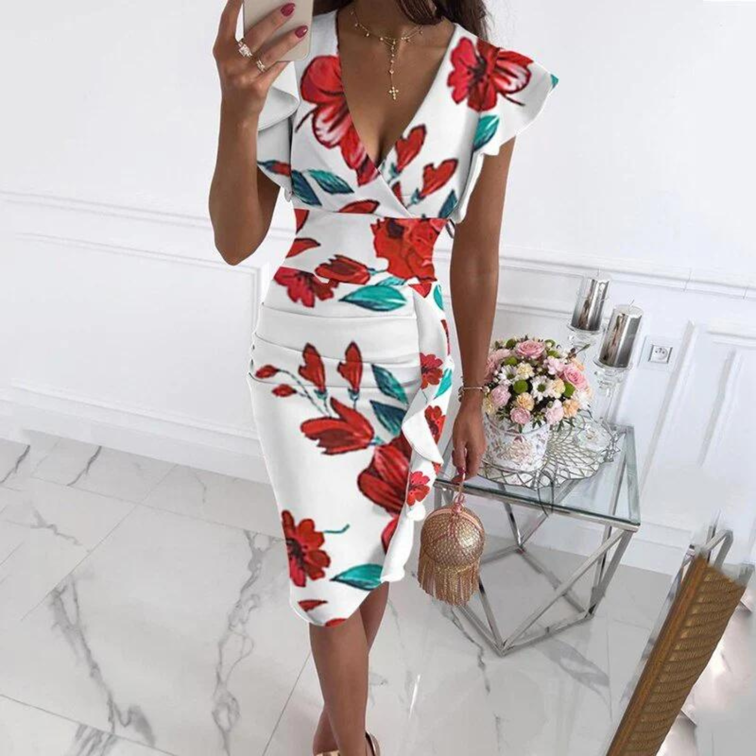 Bodycon Jurk met Ruches en Diepe V-hals