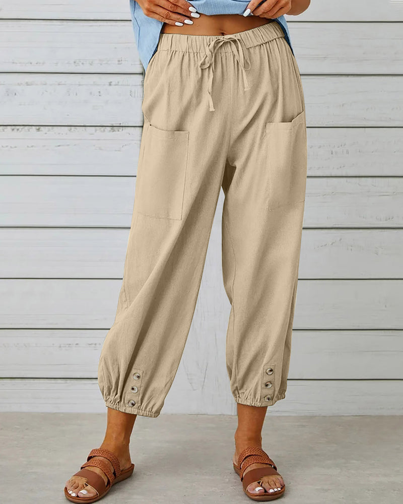 Linnen Broek met Elastische Taille en Knoopdetail