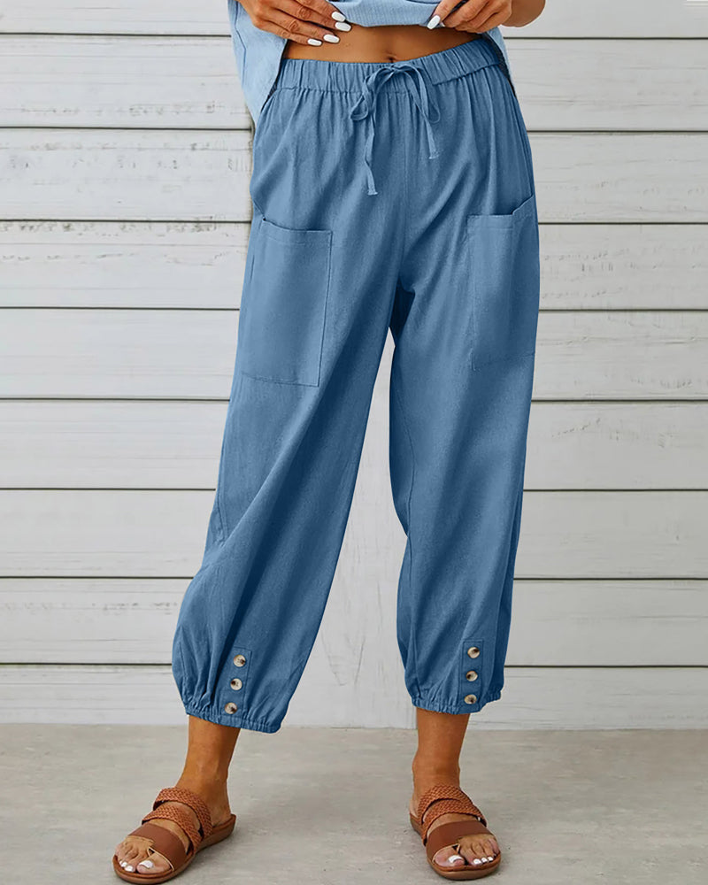 Linnen Broek met Elastische Taille en Knoopdetail