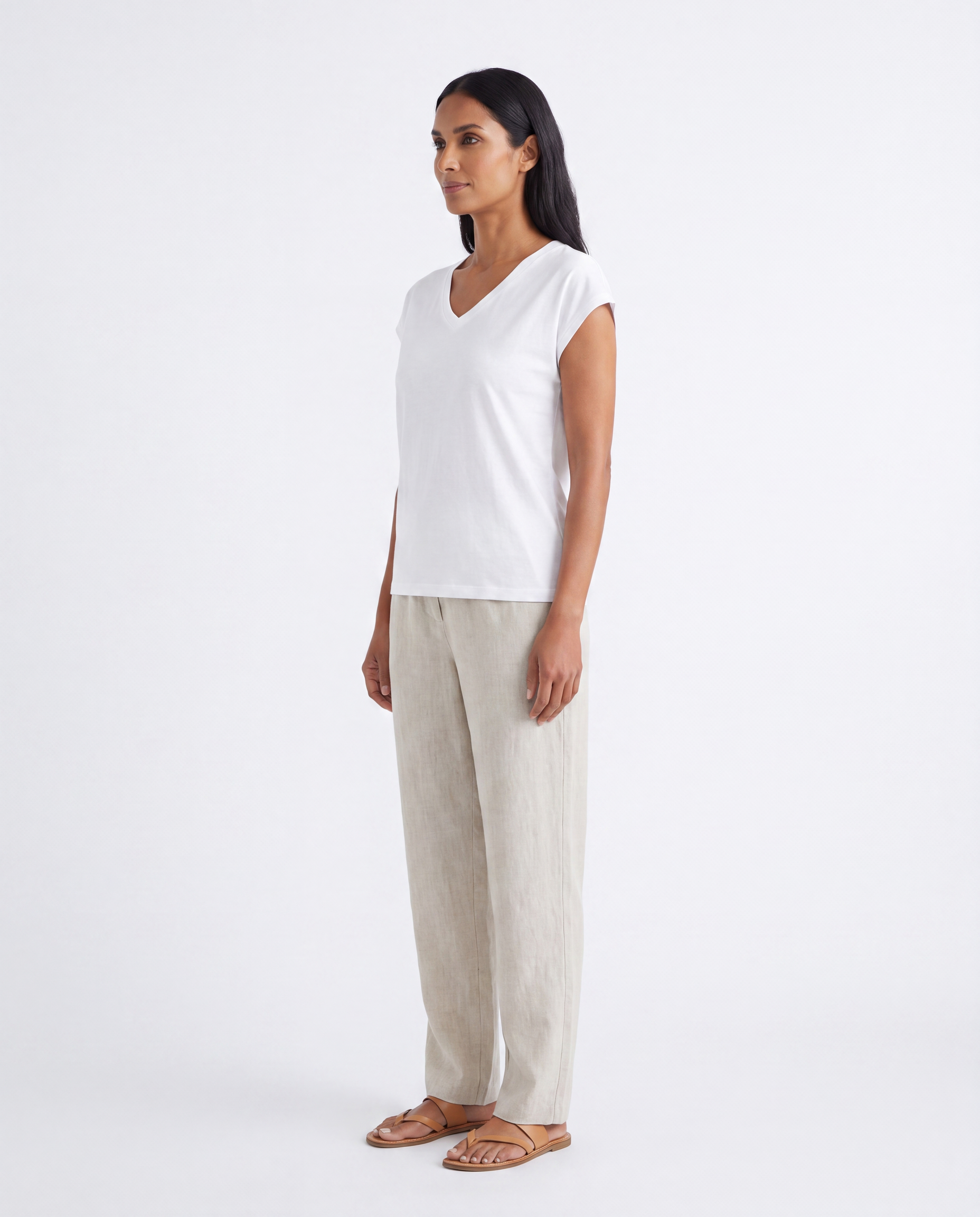 Katoenen T-shirt met V-hals en Cap Sleeves