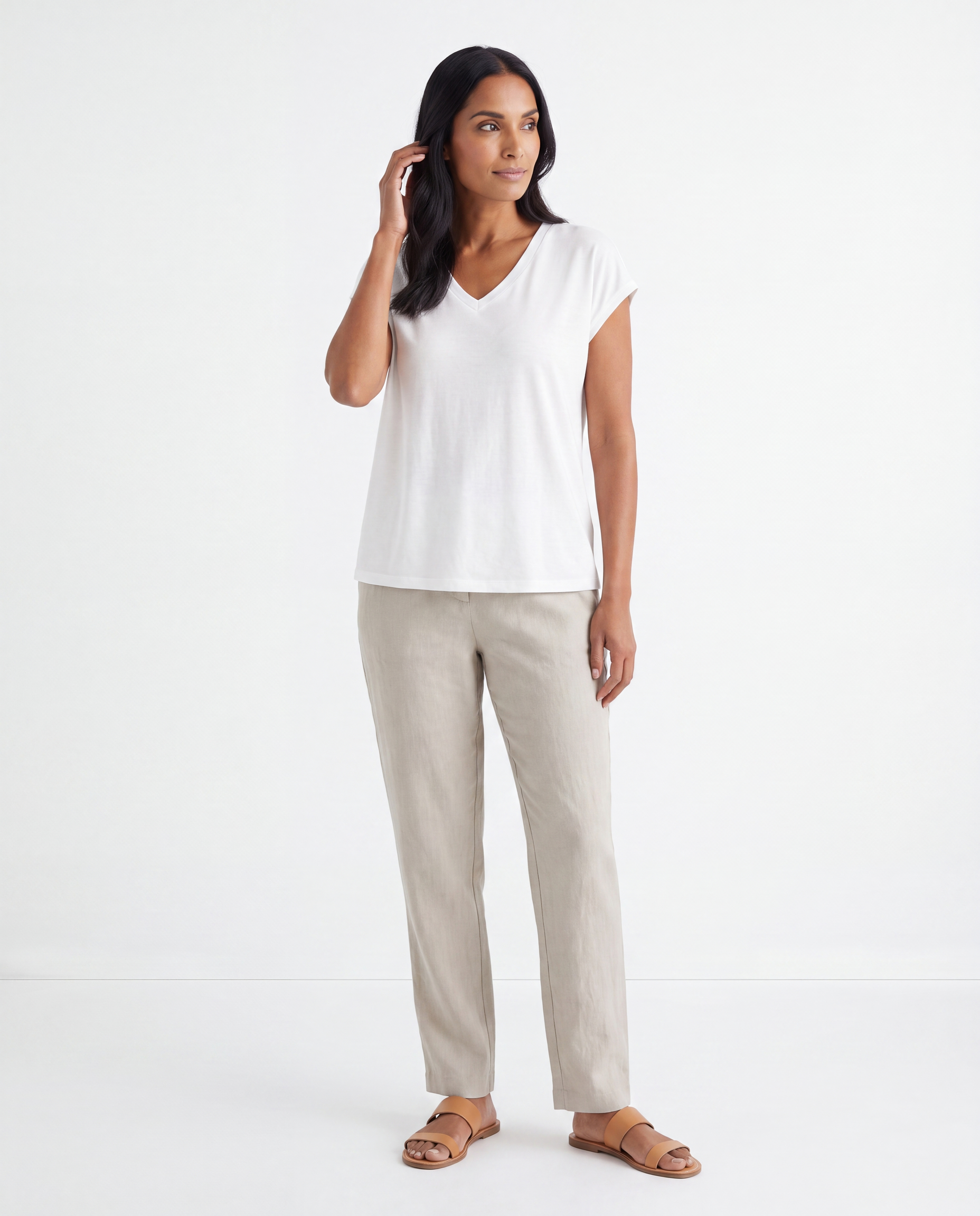 Katoenen T-shirt met V-hals en Cap Sleeves