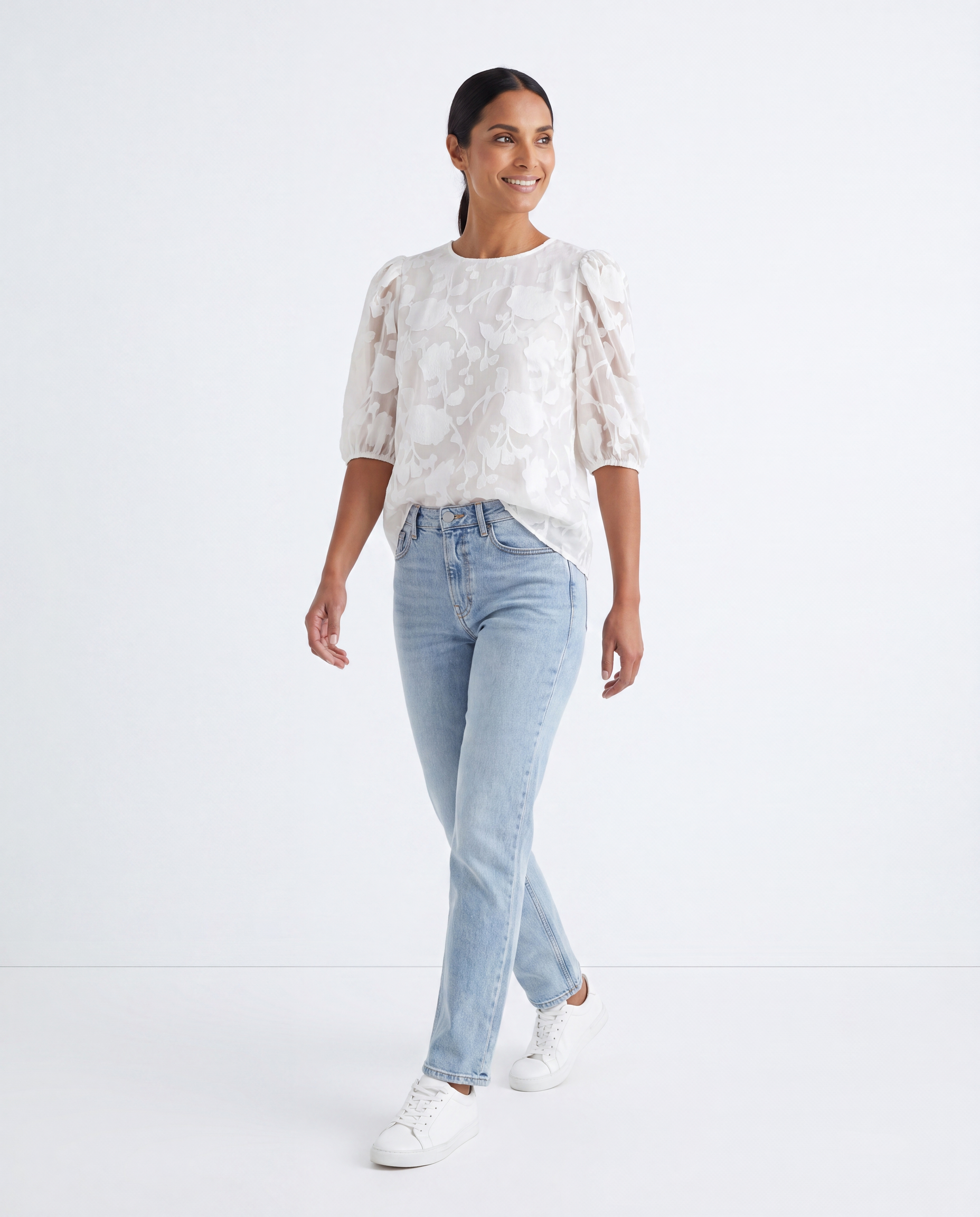 Jacquard Blouse met Bloemenprint en Pofmouwen