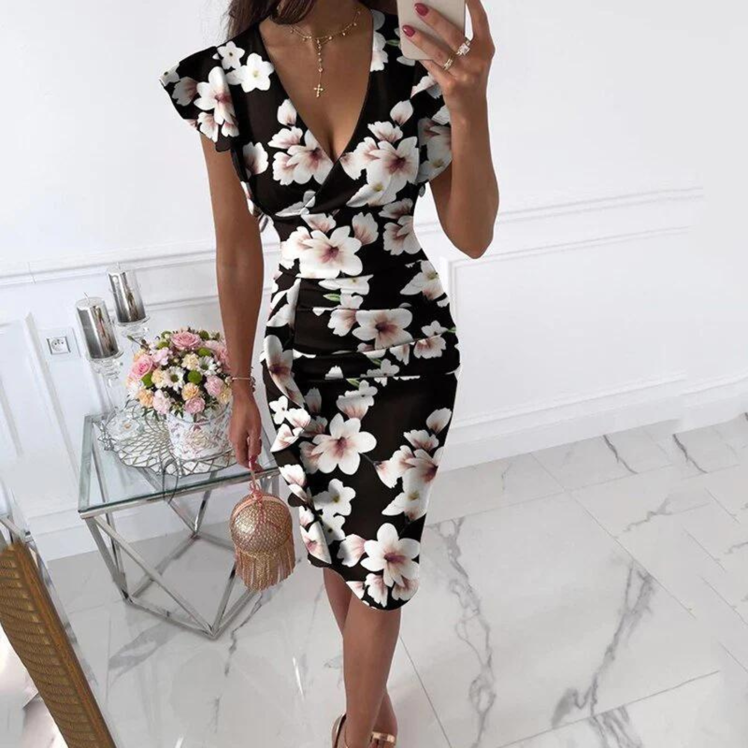 Bodycon Jurk met Ruches en Diepe V-hals