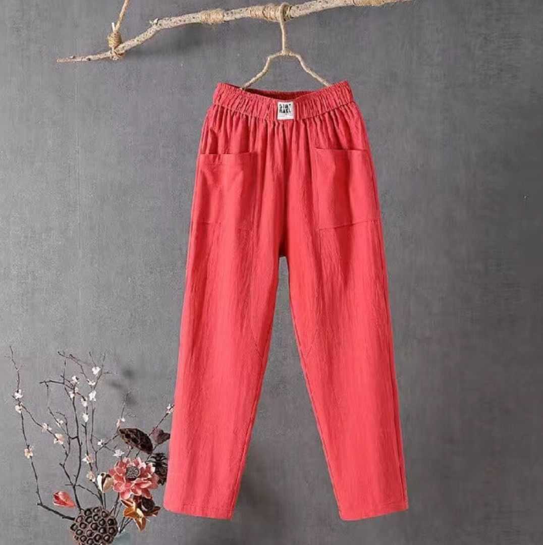 Linnen Broek met Elastische Taille en Zakken