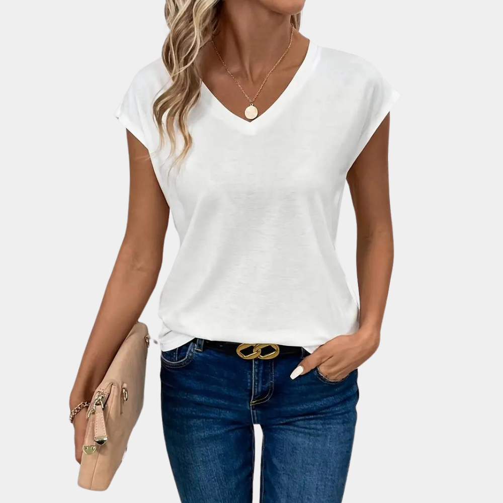 Katoenen T-shirt met V-hals en Cap Sleeves