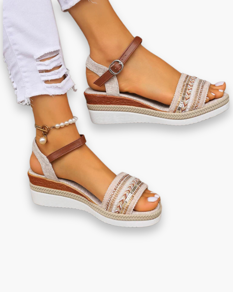 Boho Sleehak Sandalen met Pailletten Bies