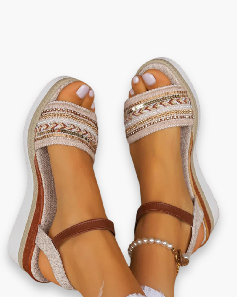 Boho Sleehak Sandalen met Pailletten Bies