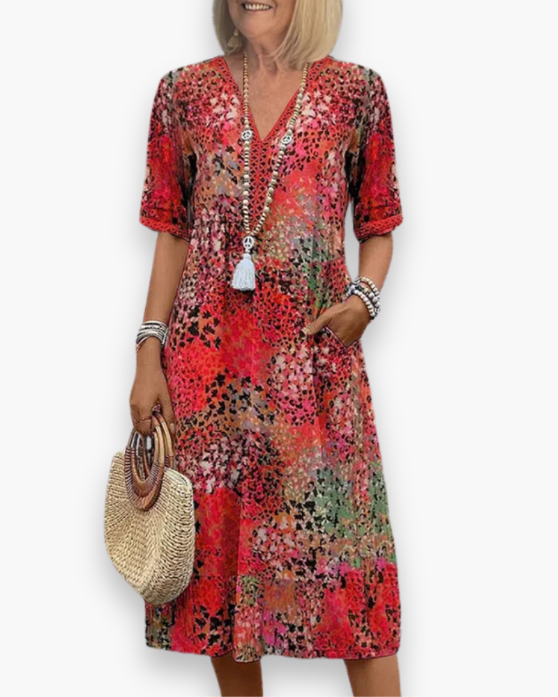 Bloemenprint Midi-jurk met Kanten V-hals