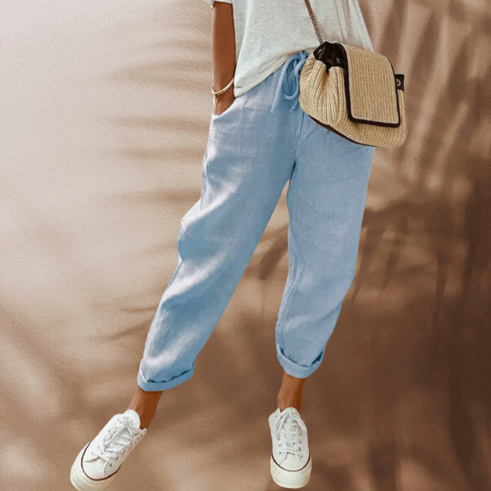 Linnen Broek met Elastische Taille en Omslag