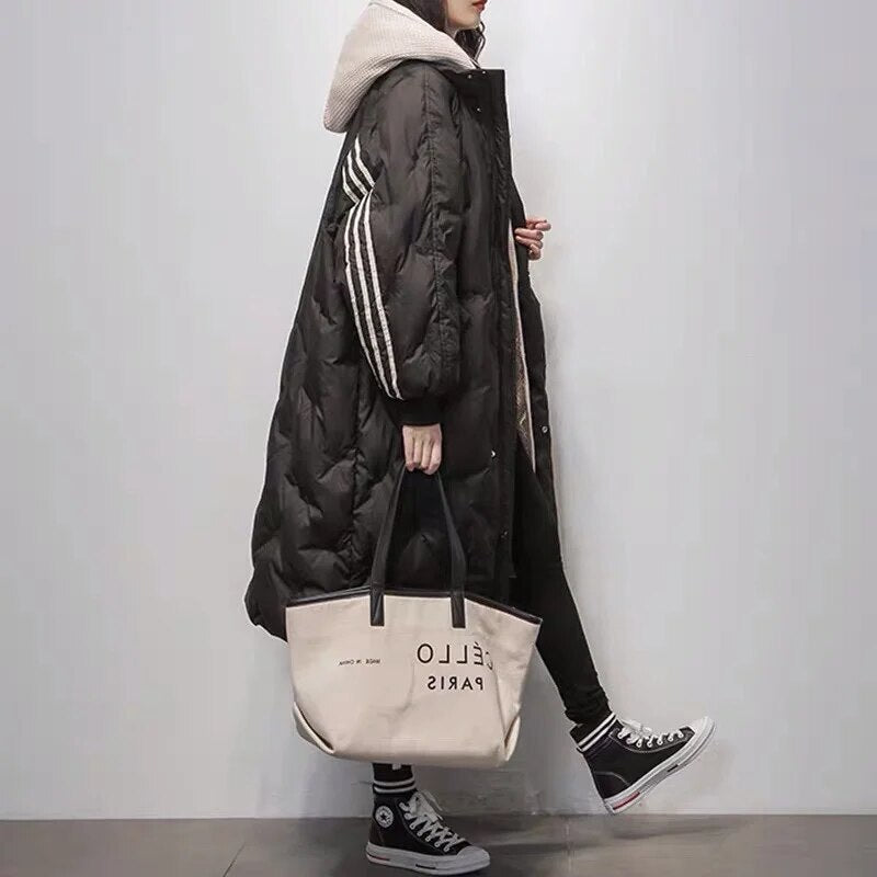 Simone - Elegante Gestreepte Lange Winterjas