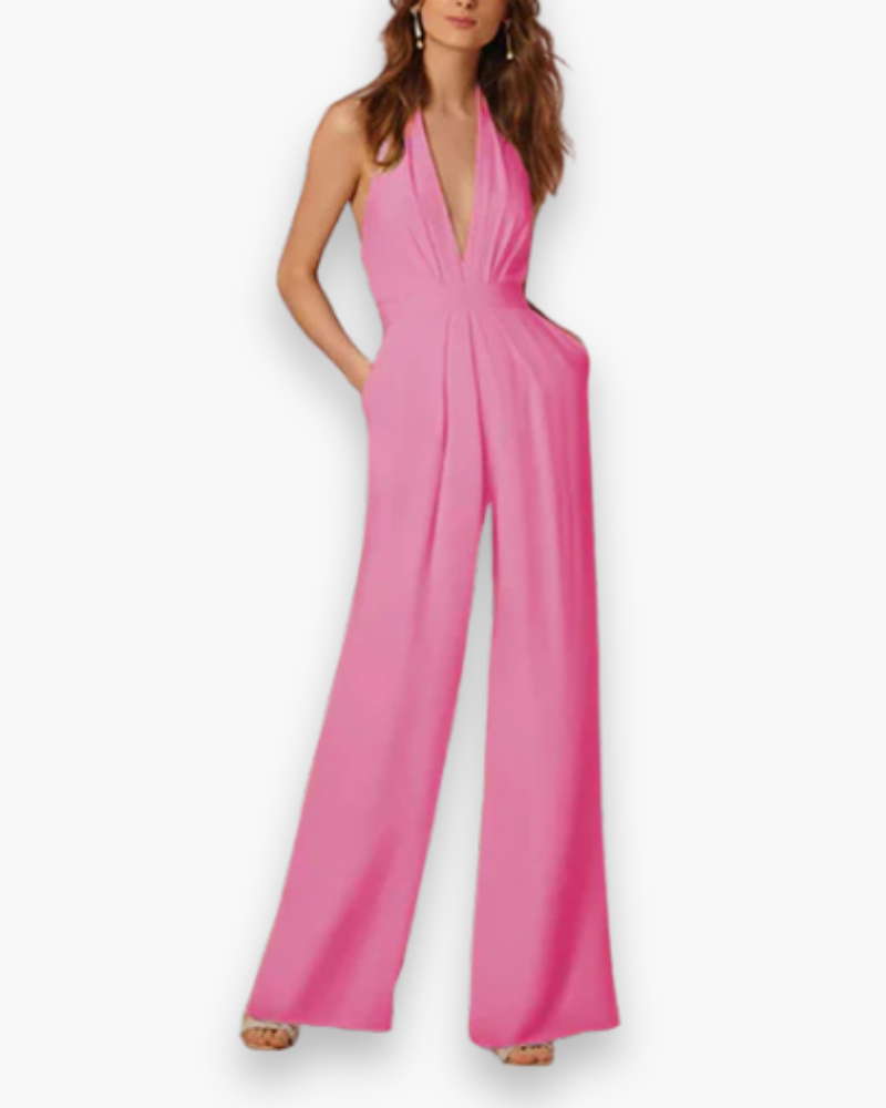 Halter Jumpsuit met Diepe V-hals en Wijde Pijpen