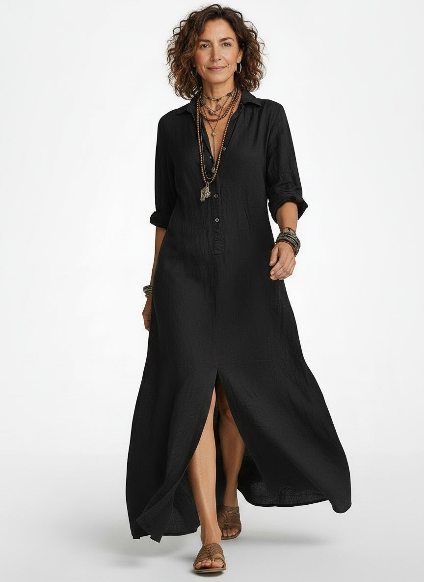 Model walking while wearing Linnen Look Maxi Blousejurk met Split