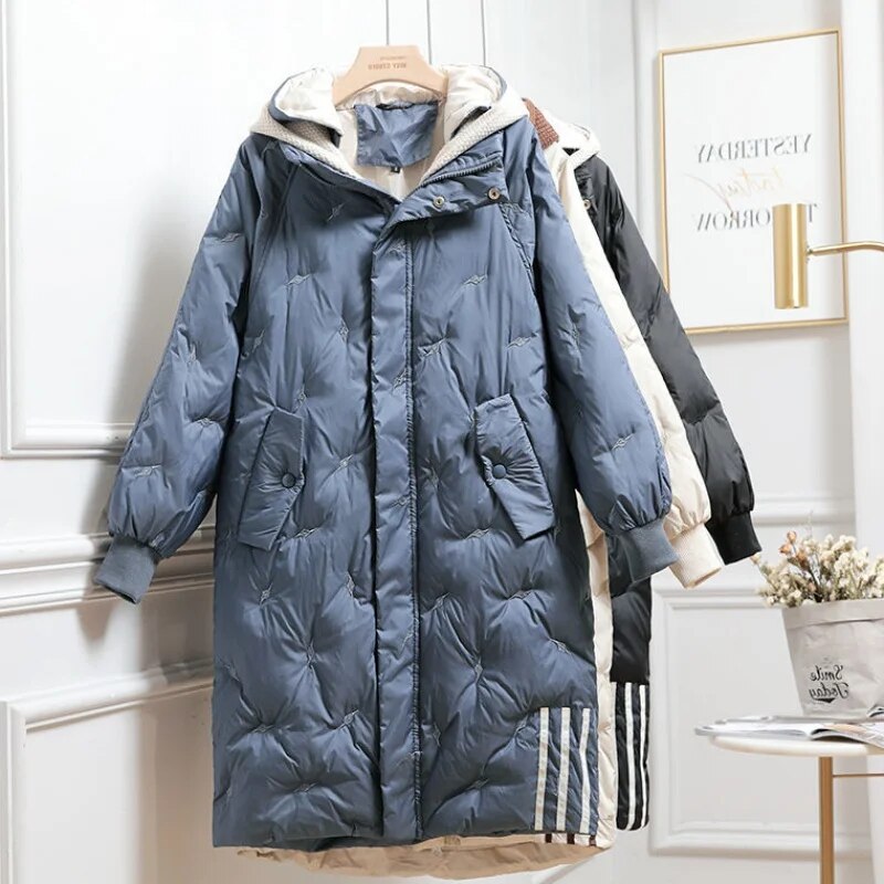 Simone - Elegante Gestreepte Lange Winterjas