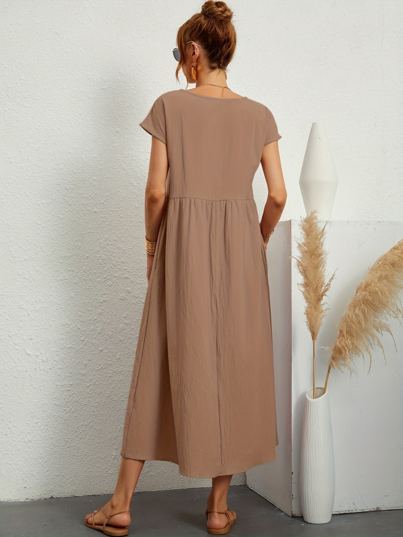 Katoenen Maxi-jurk met Korte Mouwen en Zakken