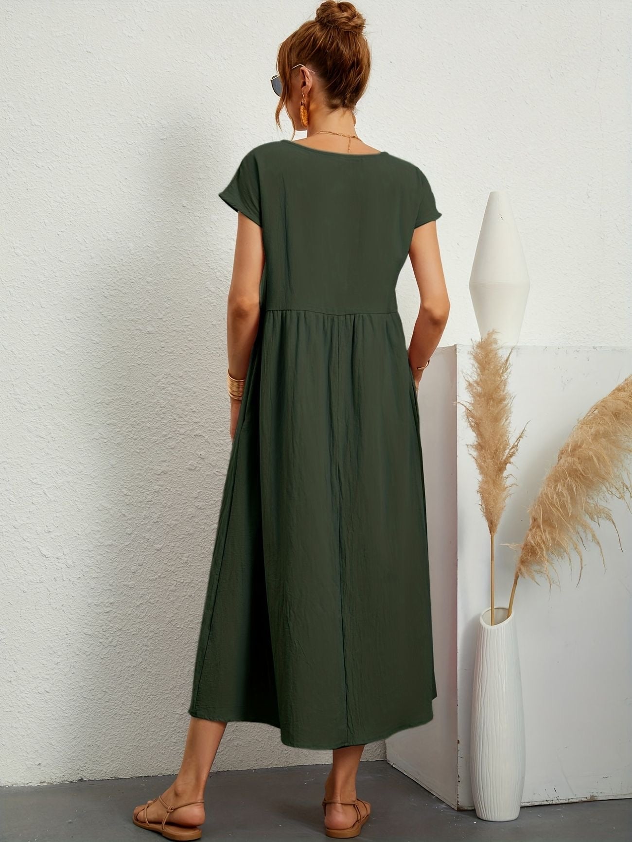 Katoenen Maxi-jurk met Korte Mouwen en Zakken