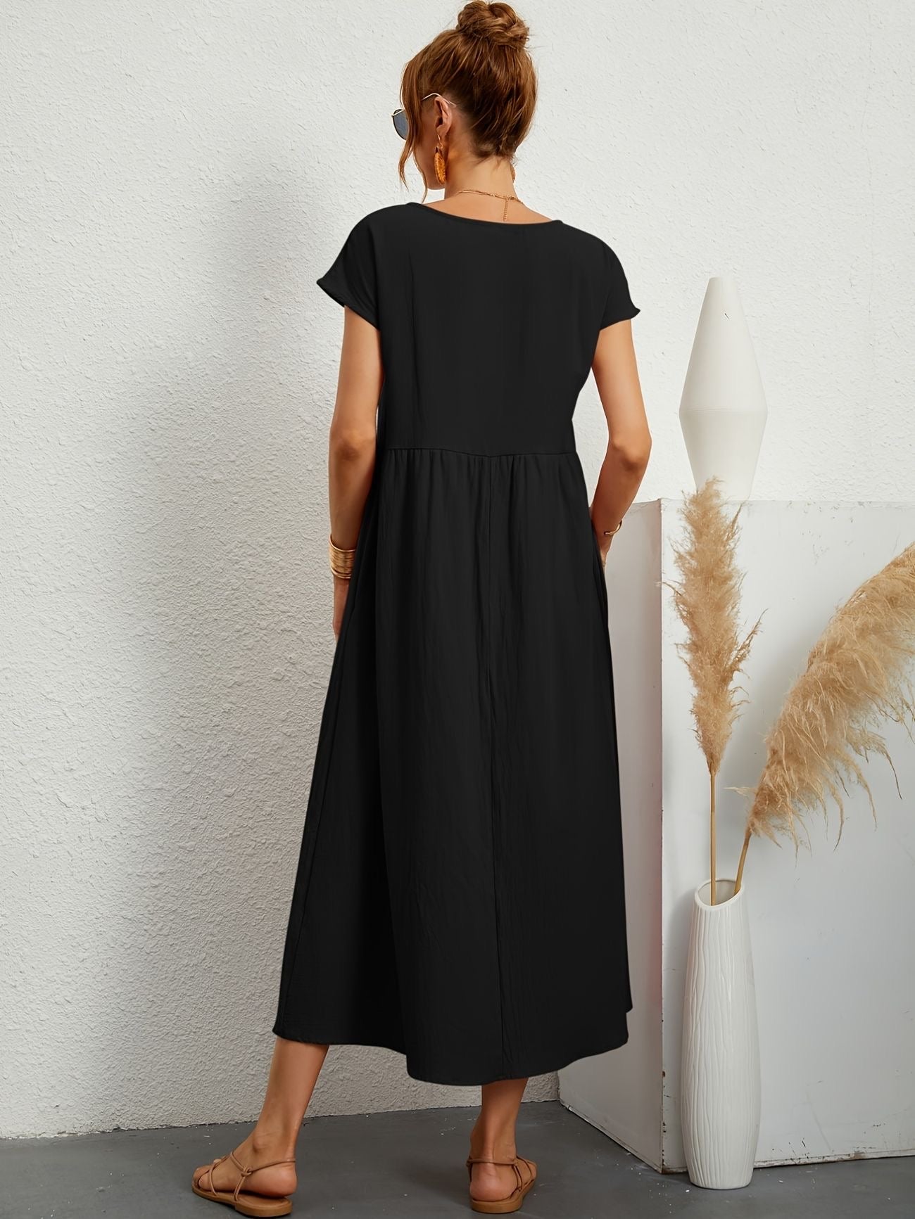 Katoenen Maxi-jurk met Korte Mouwen en Zakken