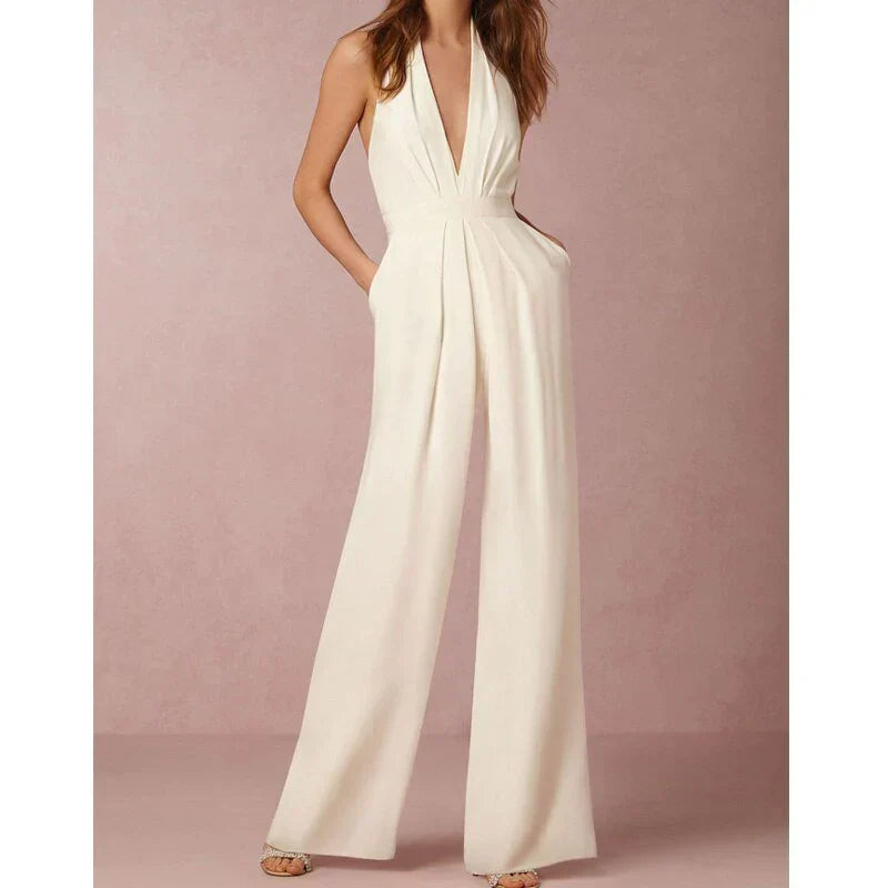 Halterjumpsuit met Diepe V-hals en Wijde Pijpen
