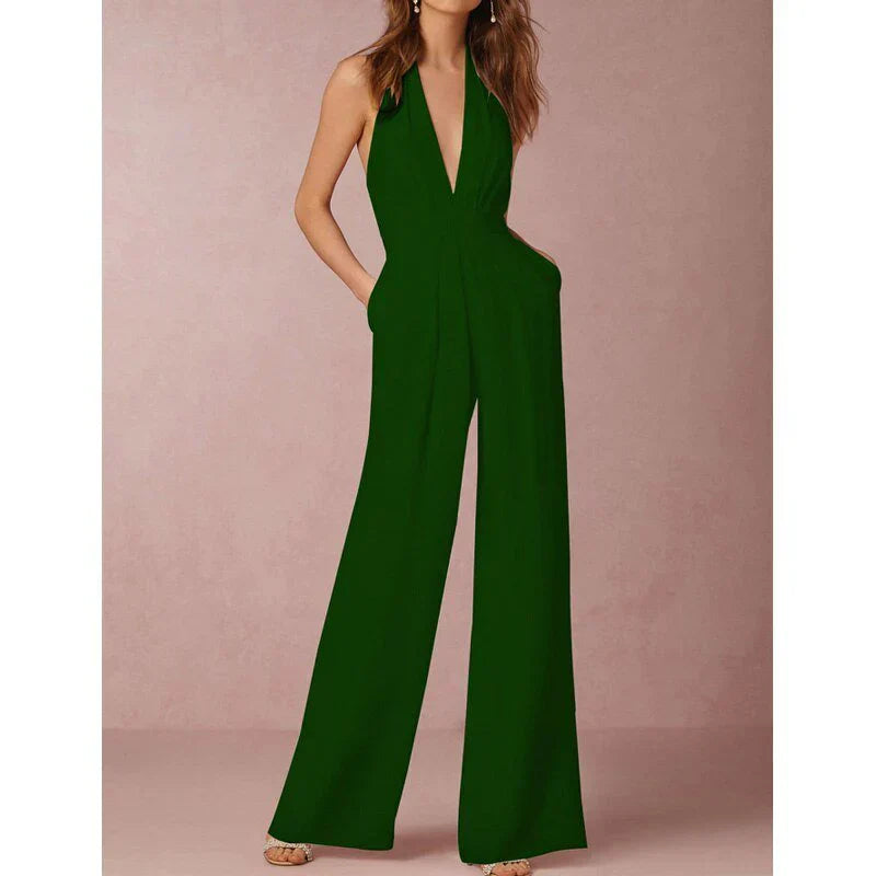 Halterjumpsuit met Diepe V-hals en Wijde Pijpen