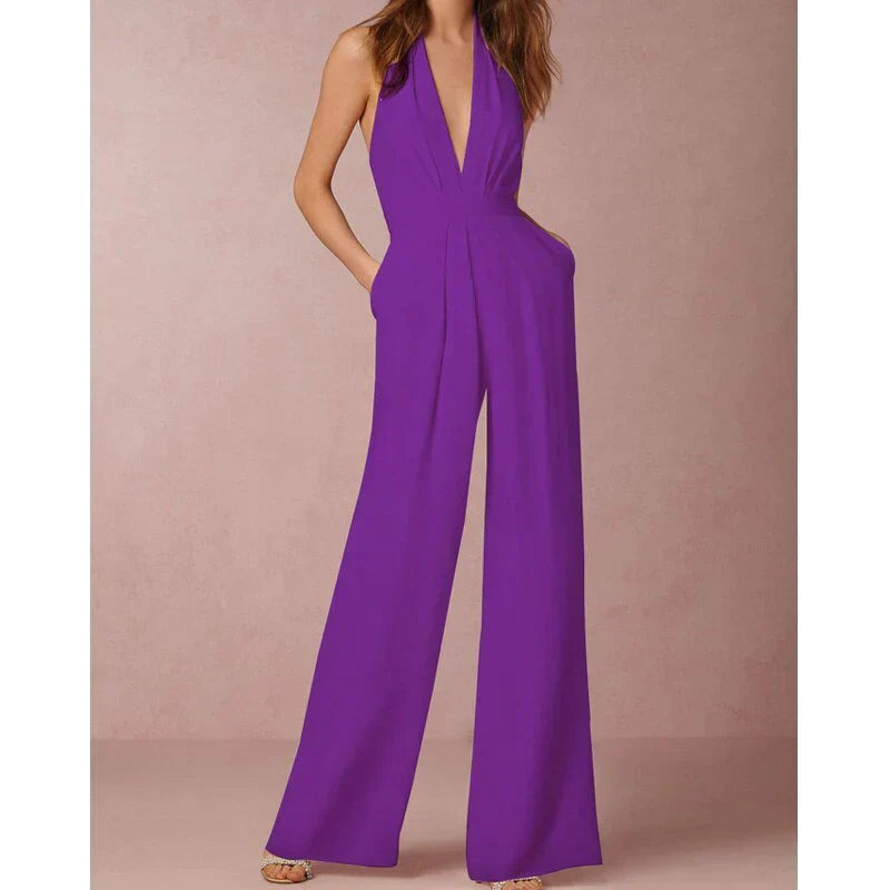 Halterjumpsuit met Diepe V-hals en Wijde Pijpen