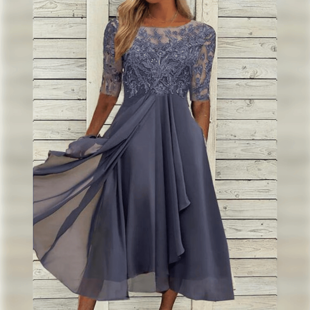 Kanten Midi-jurk met Chiffon Rok en Geborduurd Bloemmotief