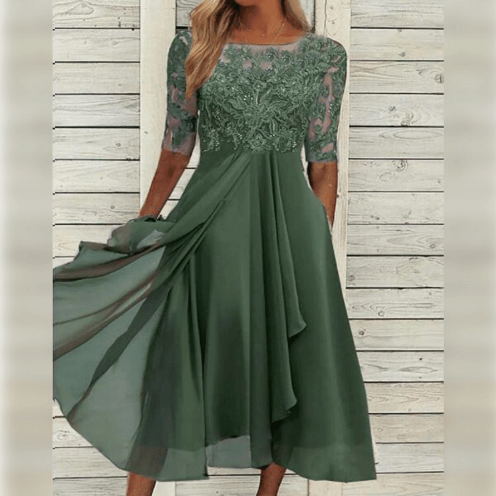 Kanten Midi-jurk met Chiffon Rok en Geborduurd Bloemmotief