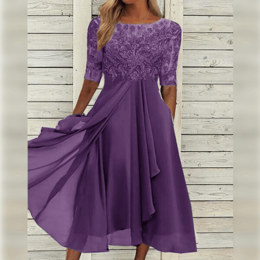 Kanten Midi-jurk met Chiffon Rok en Geborduurd Bloemmotief