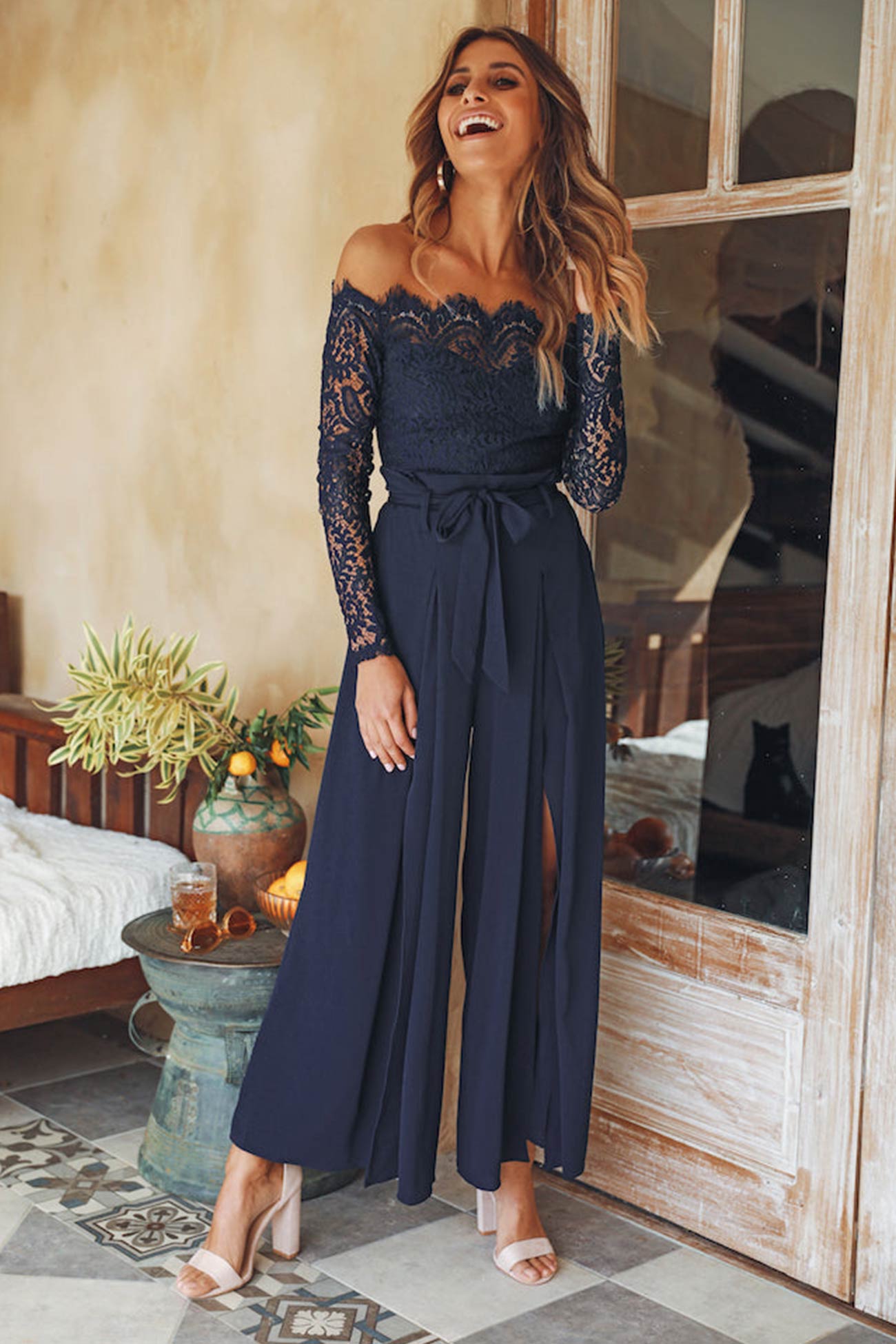Kanten Jumpsuit met Blote Schouders en Split