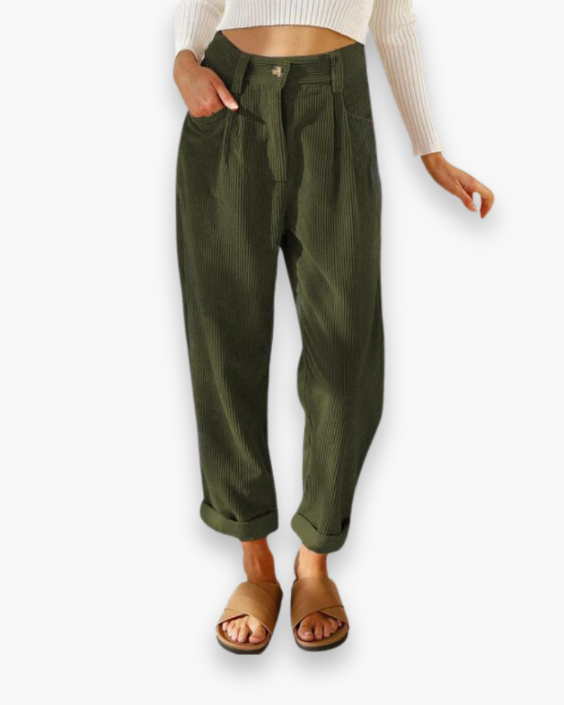 Ribfluwelen Broek met Hoge Taille en Omslag
