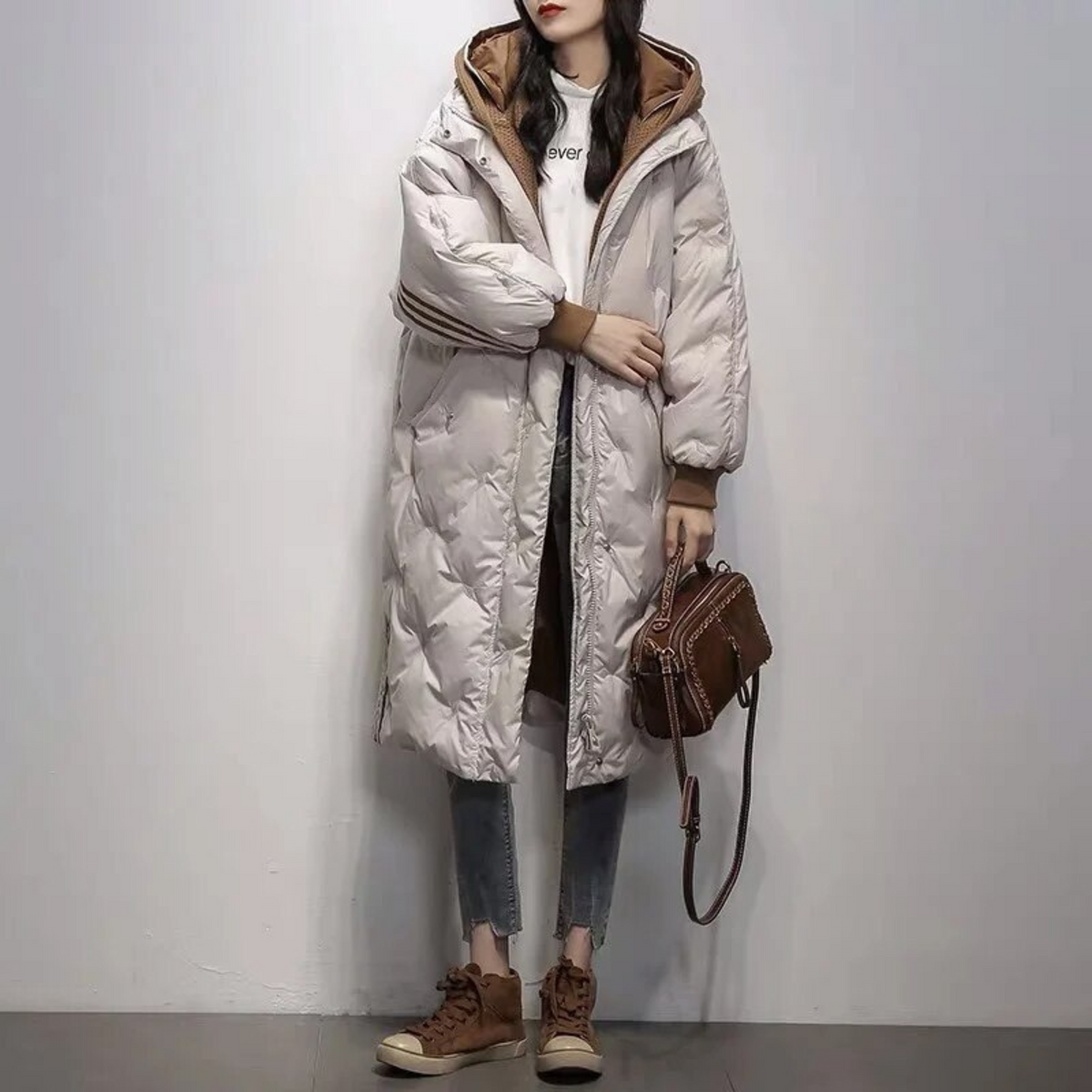 Simone - Elegante Gestreepte Lange Winterjas