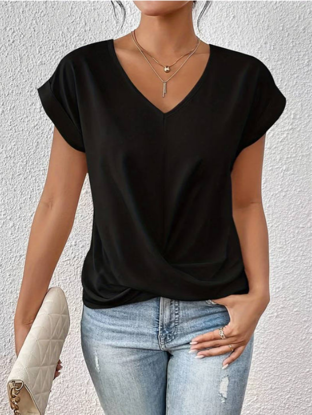 Soepele T-shirt met V-hals en Geknoopte Zoom