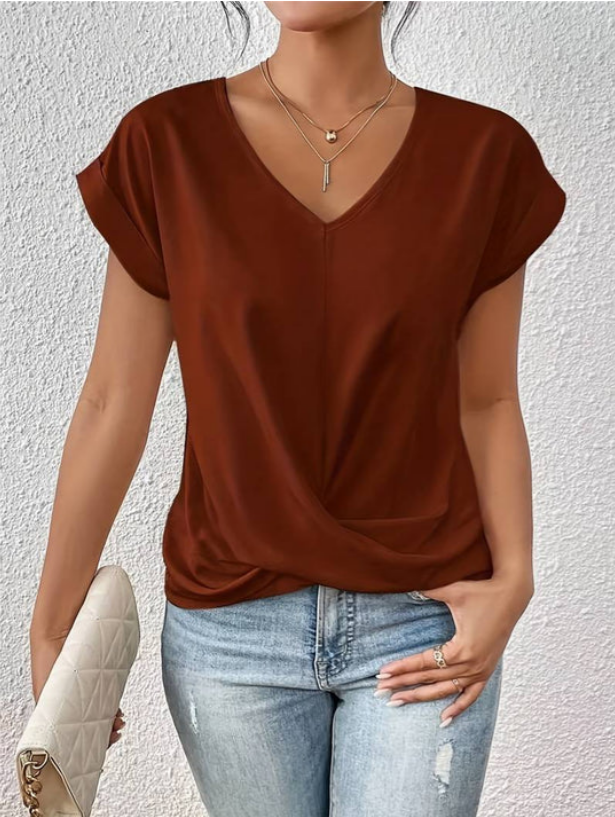 Soepele T-shirt met V-hals en Geknoopte Zoom