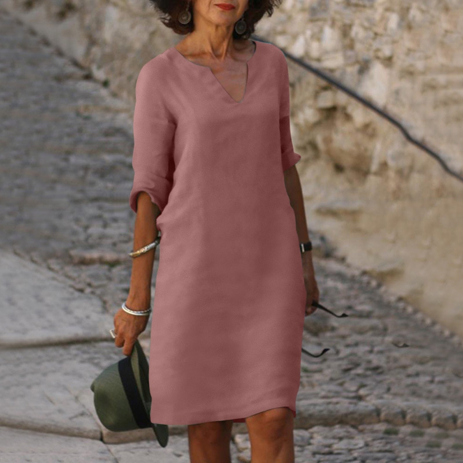 Linnenlook Tuniekjurk met Split-V-hals