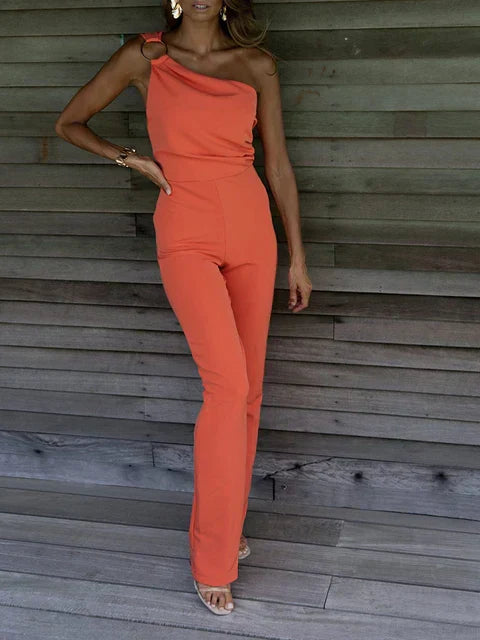 Jumpsuit met Asymmetrische Schouder en Ringdetail