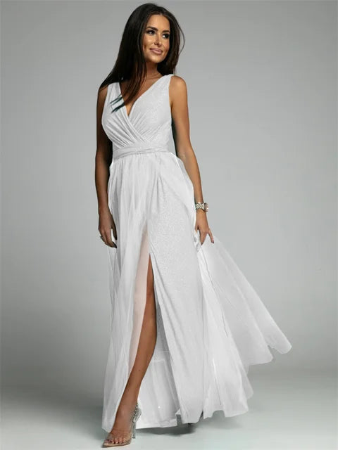 Glitter Maxi-jurk met V-hals en Beenopening