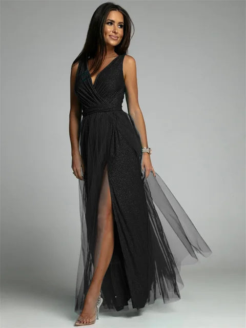 Glitter Maxi-jurk met V-hals en Beenopening