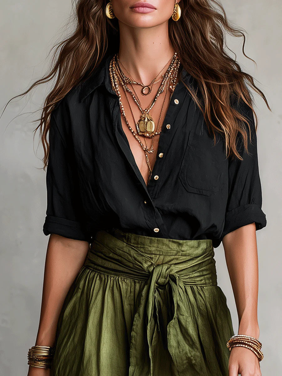 Linnen Look Rok met Blouse Tweedelige Set
