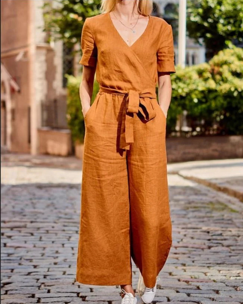 Linnen Jumpsuit met Ceintuur en Korte Mouwen