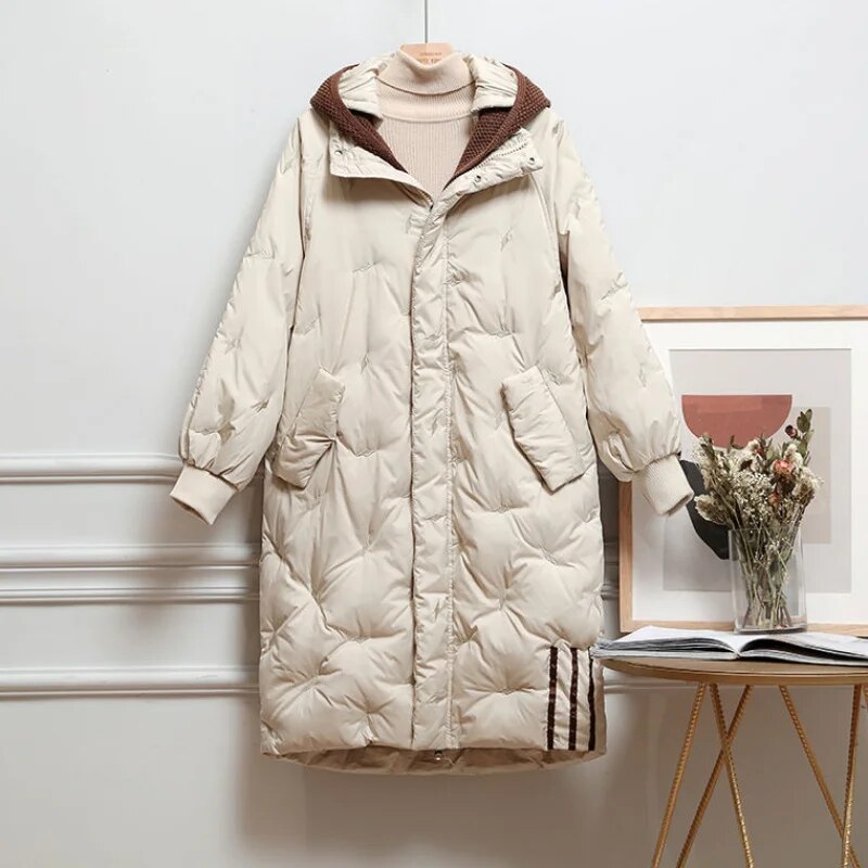 Simone - Elegante Gestreepte Lange Winterjas